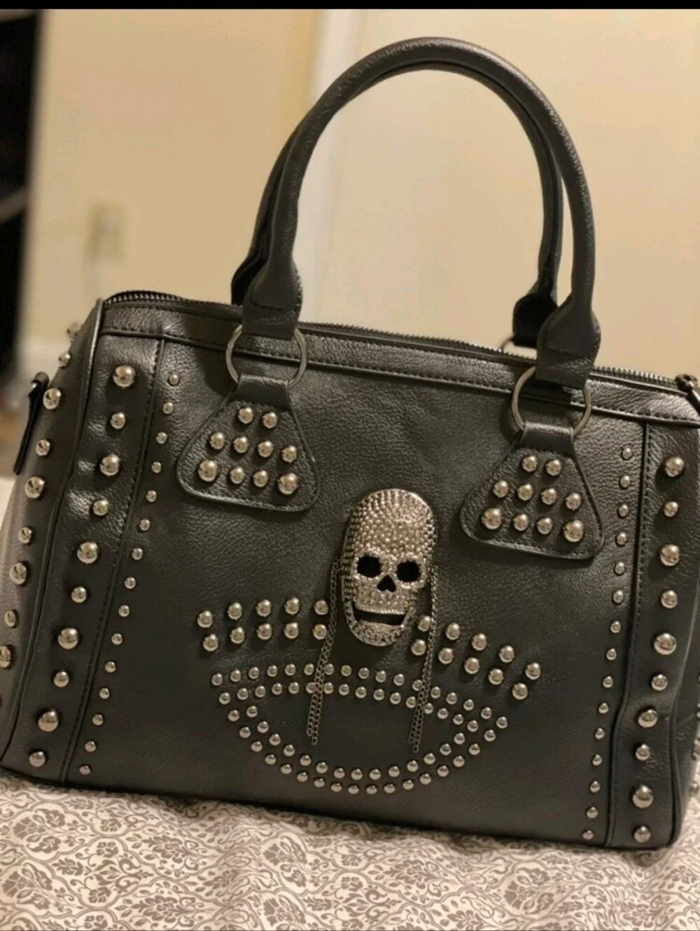 Black Studded Skull Accent Satchel Bag